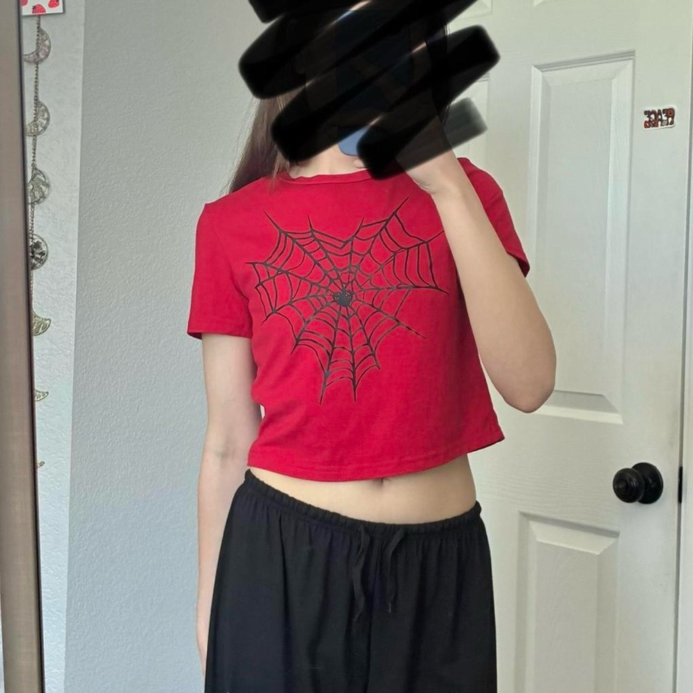 SHEIN true red spiderweb heart crop tee